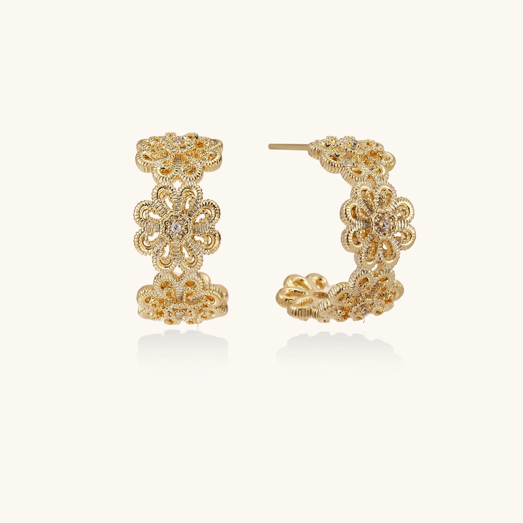Ornate gold-plated brass hoop earrings featuring delicate floral filigree patterns and intricate rosette details.